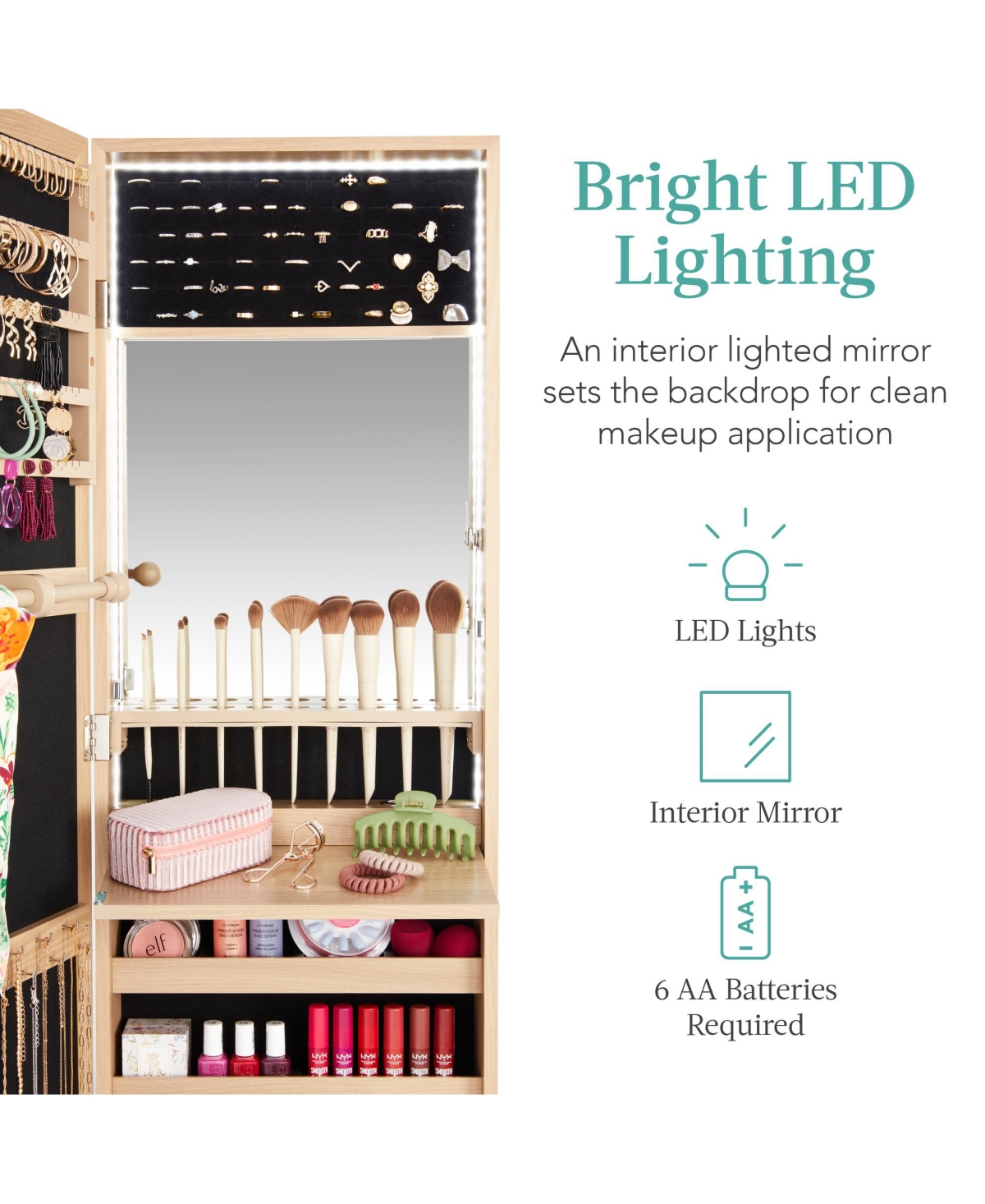 Best Choice Products Hanging Mirror Jewelry Armoire, Door or Wall Mounted Cabinet w/ Led Lights, Lock