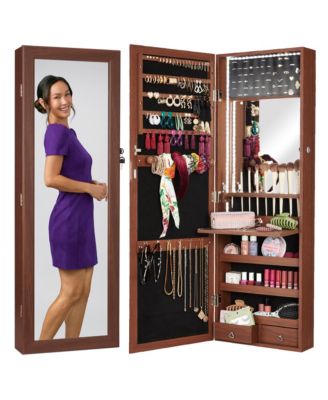 Hanging Mirror Jewelry Armoire, Door or Wall Mounted Cabinet w/ LED Lights, Lock