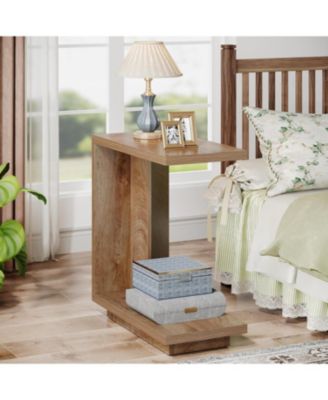 C-Shaped Side Table, 2-Tier Narrow End Table with Sturdy Pedestal, Wood Bedside Table Nightstand, Industrial Sofa End Table, Brown, 2PCS