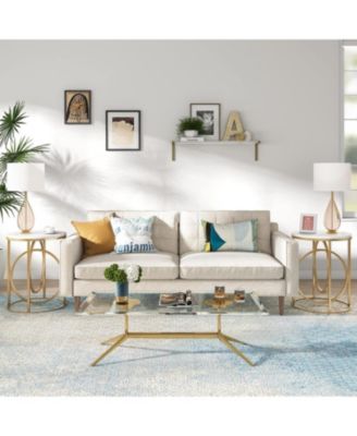 Set of 2 Round End Tables with Gold O-Shaped Base and Faux Marble Top Modern Accent Nightstands