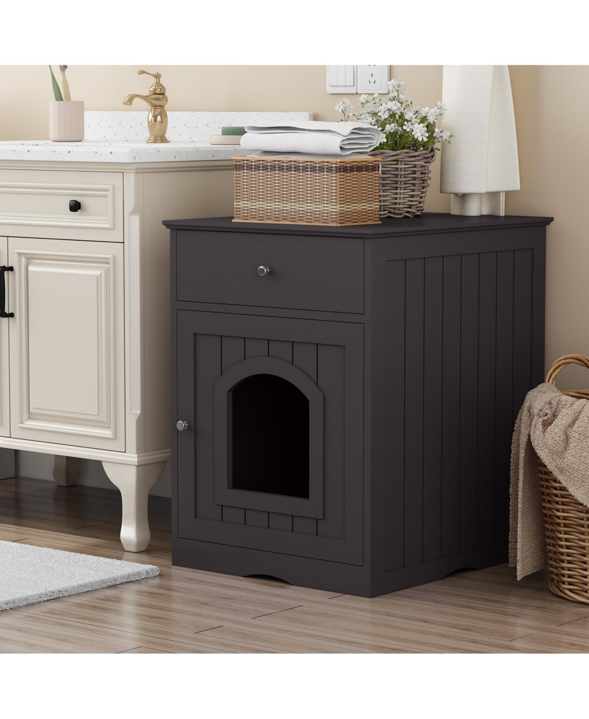 Slickblue Wooden Pet House Cat Litter Box Enclosure with Drawer, Side Table, and Indoor Pet Crate