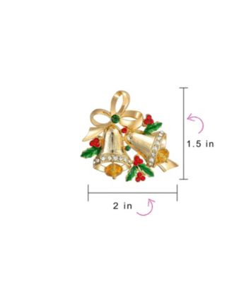 Set of 2 Large Colorful Crystal Christmas Tree and Bells Brooch Pin Gold Plated