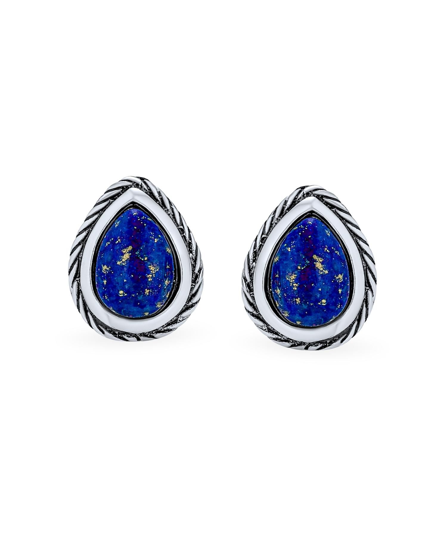 Bali Style Bezel Set Blue Lapis Teardrop Stud Earrings .925 Sterling Silver