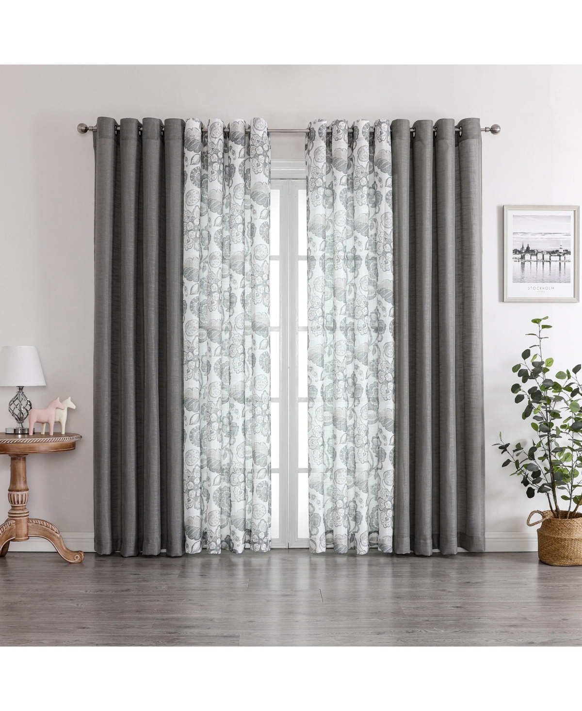 Kate Aurora Biscayne Bay Floral 4 Piece Coordinating Deluxe Flax Styled Sheer Grommet Top Curtains -- Charcoal