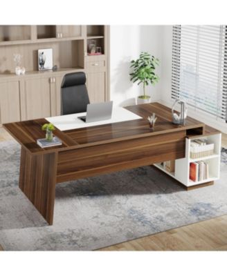 70.5-Inch Executive Office Desk: Modern L-Shaped Desk with File Cabinet and Storage Shelves, Large Wood Computer Desk, Walnut & White