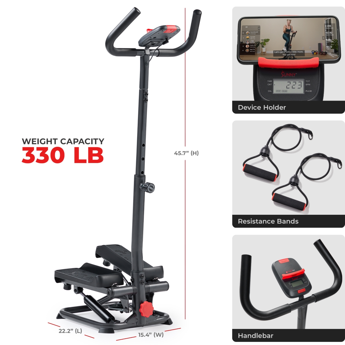 Sunny Health & Fitness Smart Stepper Stair Climber Exercise Machine for Home with Handlebar and Resistance Bands, Compact Space Saving Connected Fitne