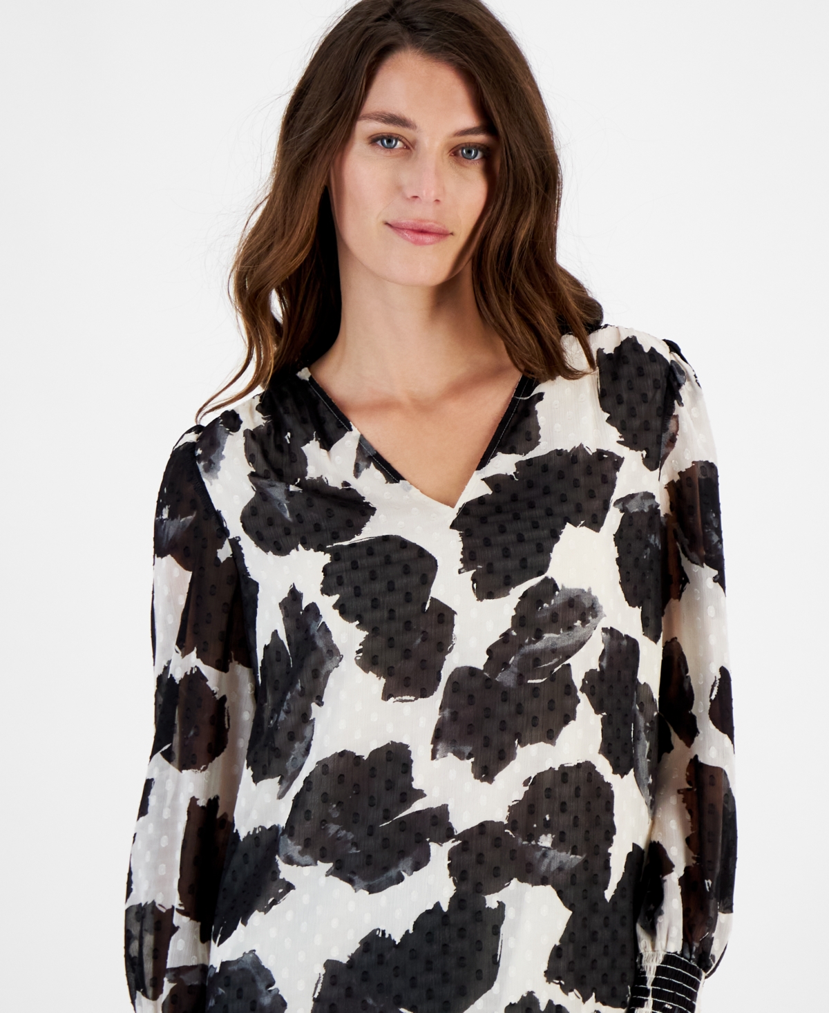 Anne Klein Women's Printed V-Neck Long-Sleeve Blouse -anne Black