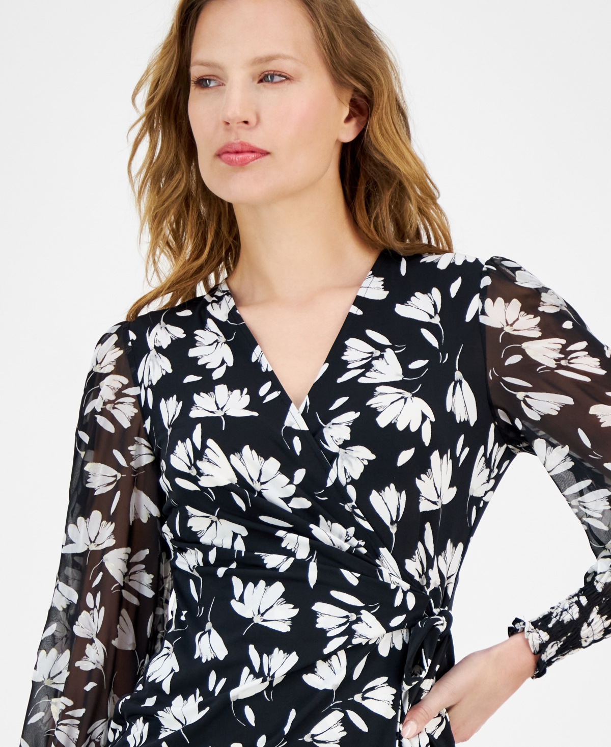 Anne Klein Women's Mixed Media Faux-Wrap Long-Sleeve Top -anne White