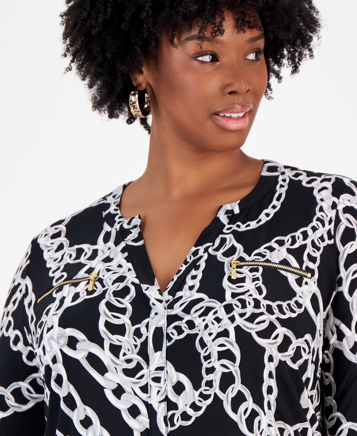 I.n.c. International Concepts Plus Size Printed Zip-Pocket Top, Created for Macy's