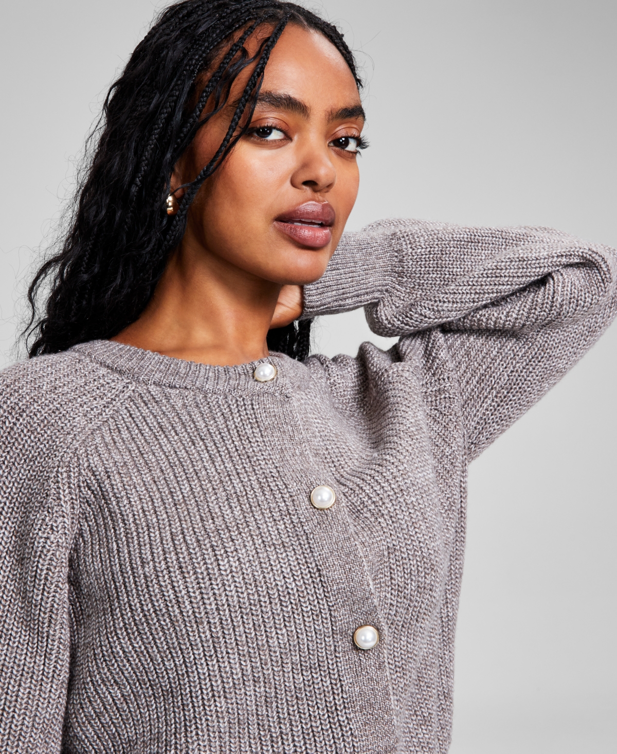 And Now This Women's Faux Pearl-button Cardigan Sweater, Created For Macy's In Heather Mocha