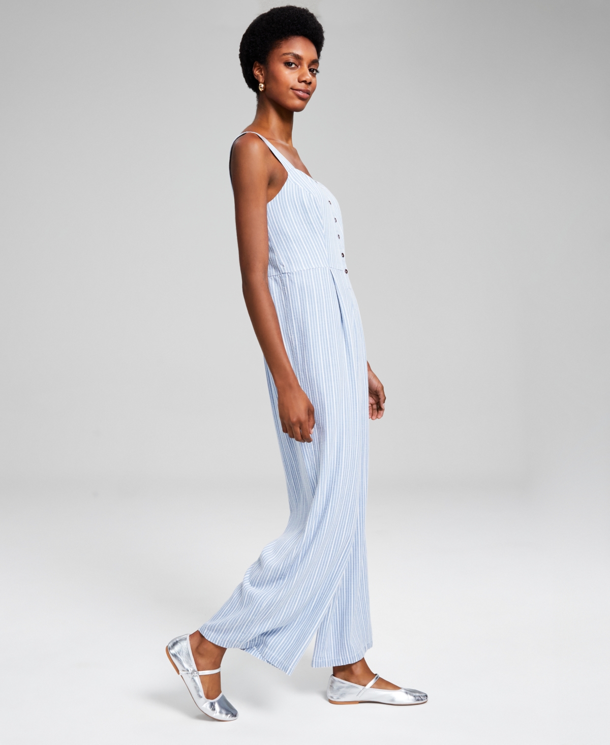 And Now This Women's Striped Button-Front Jumpsuit, Created for Macy's -white Stripe