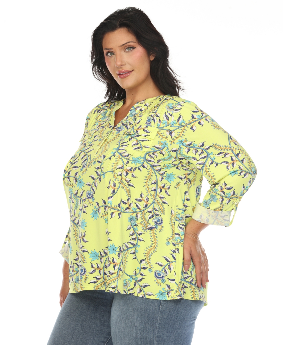 Shop White Mark Plus Size Paisley Button Front Tunic Top In Lime