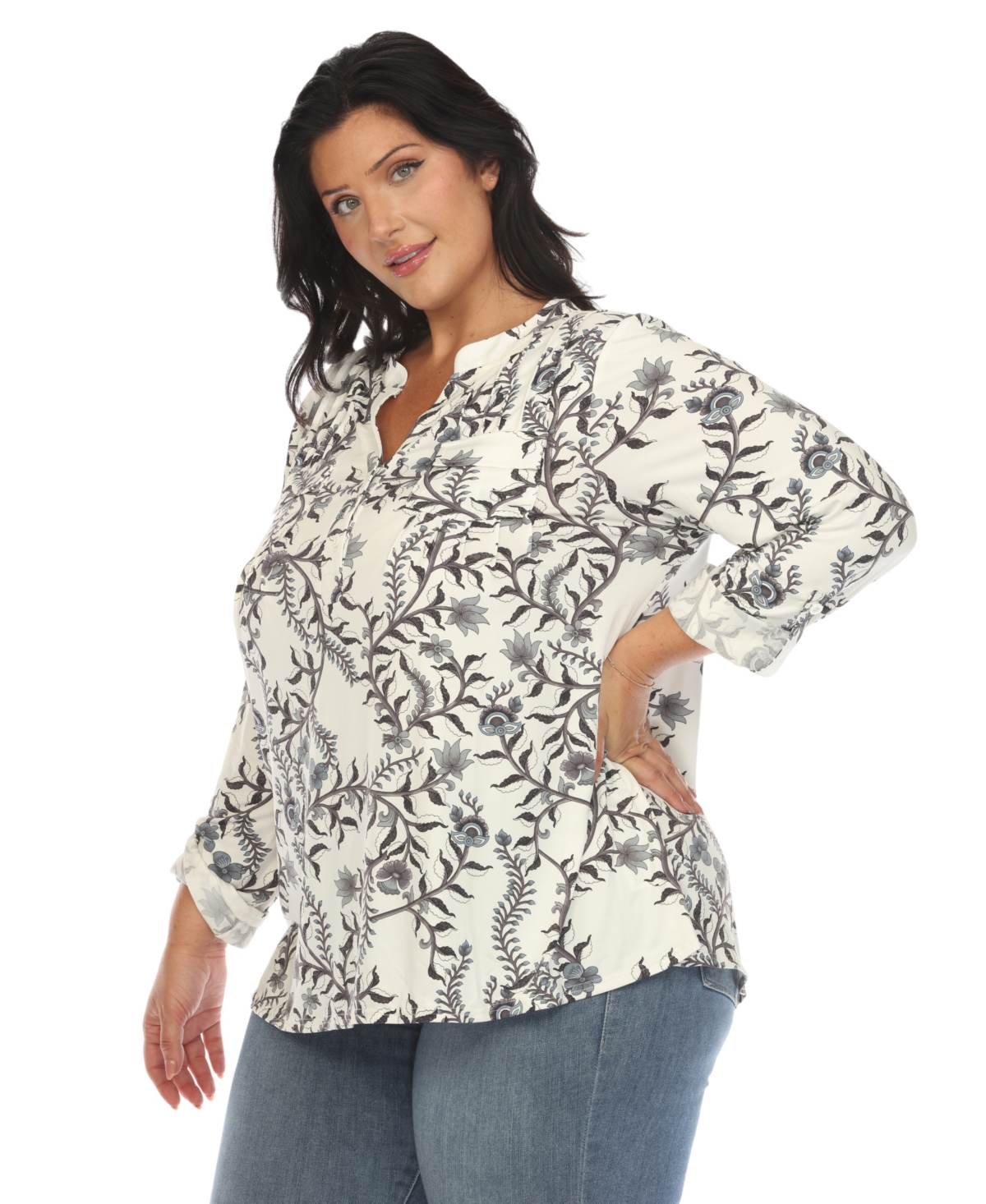 Shop White Mark Plus Size Paisley Button Front Tunic Top In White,black