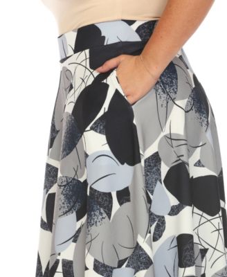 Plus Size Leaf Print Vintage Flared Midi Skirt