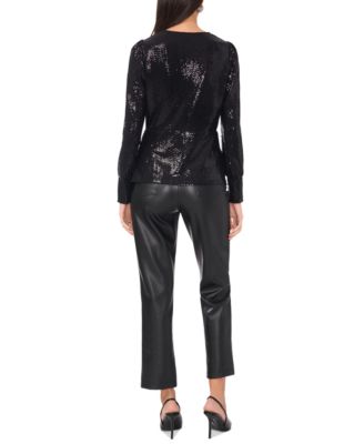 Women's Sequined Faux-Wrap Long-Sleeve Top