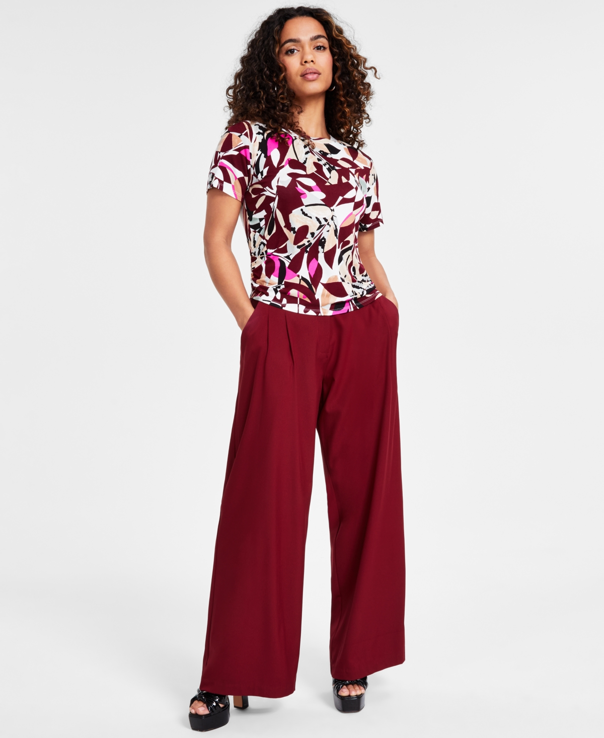 Bar Iii Petite Printed Short-Sleeve Side-Ruched Tee, Created for Macy's