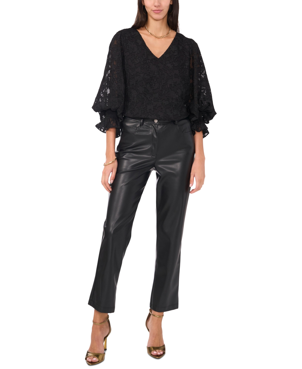 Vince Camuto Women's Jacquard V-neck Blouson-sleeve Top In Rich Black