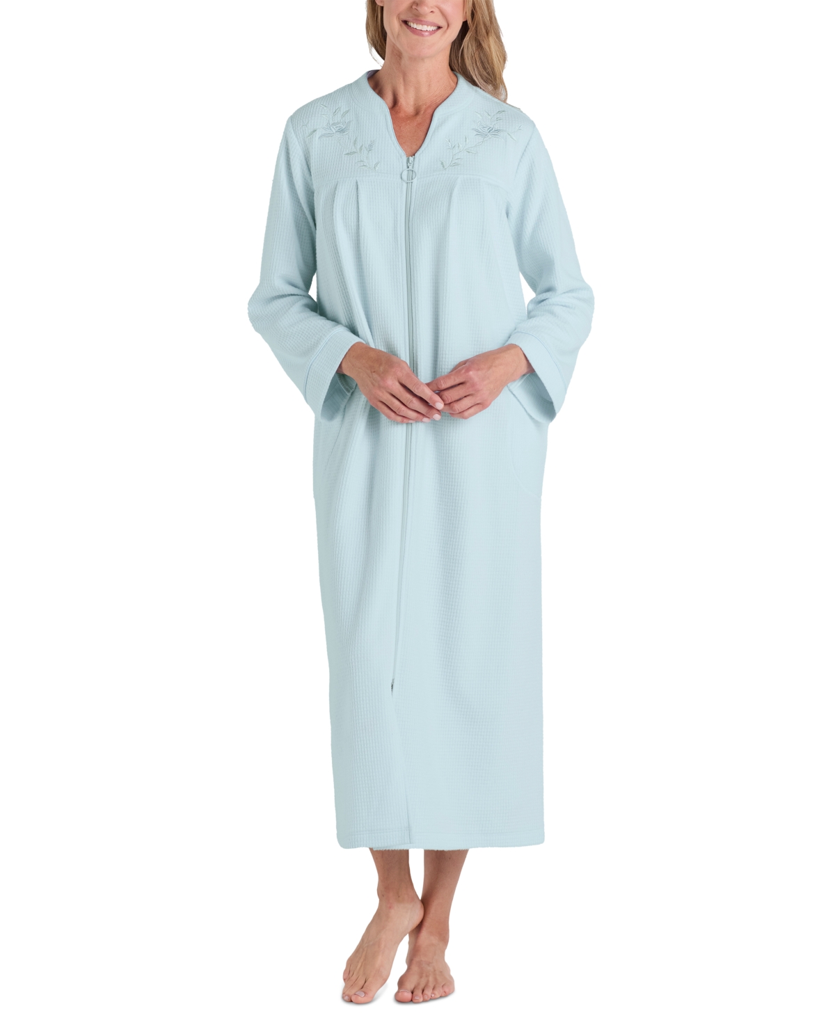 Miss Elaine Plus Size Embroidered Waffle-knit Robe In Mint