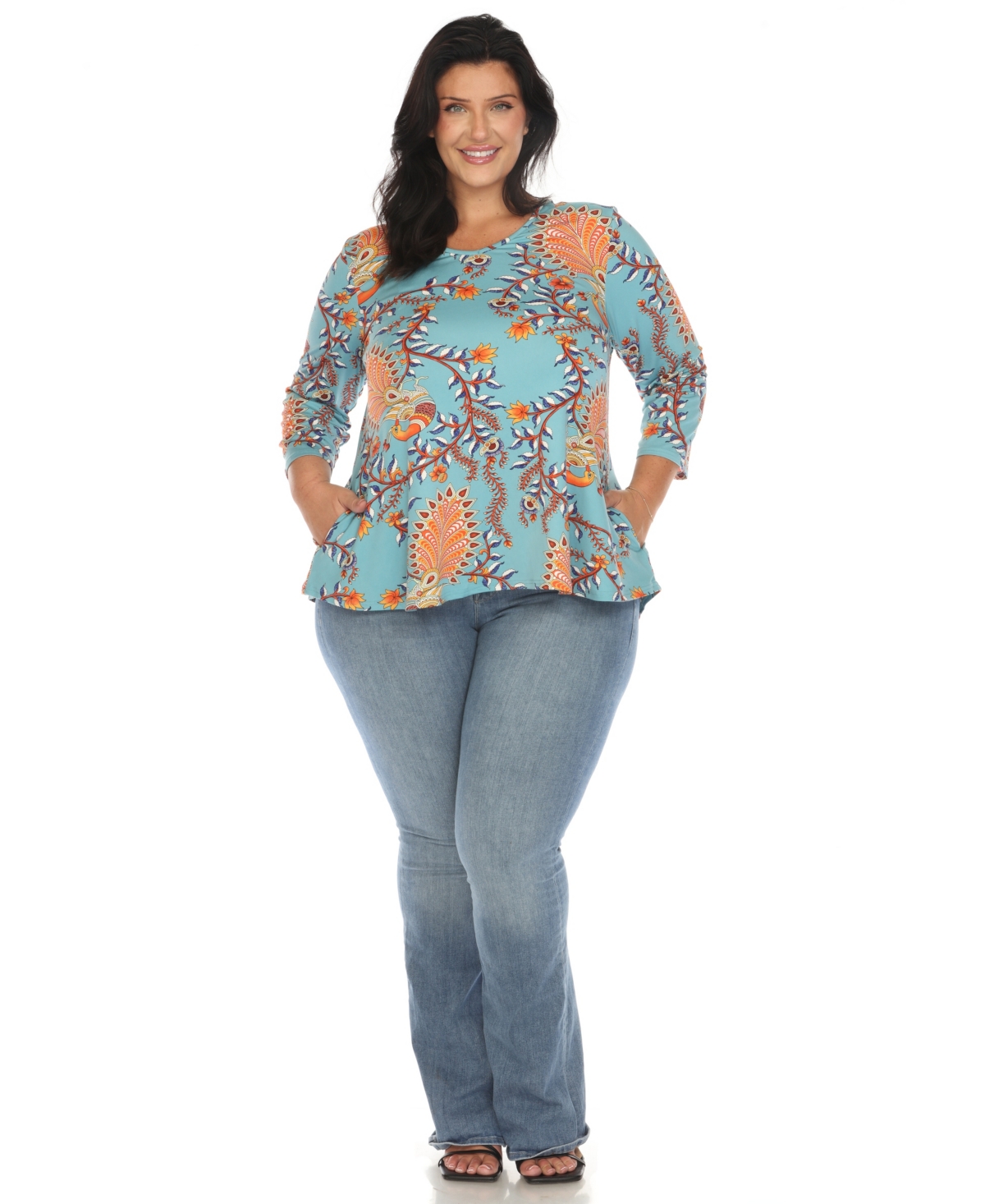White Mark Plus Size Vibrant Boho Swing Top In Denim Blue