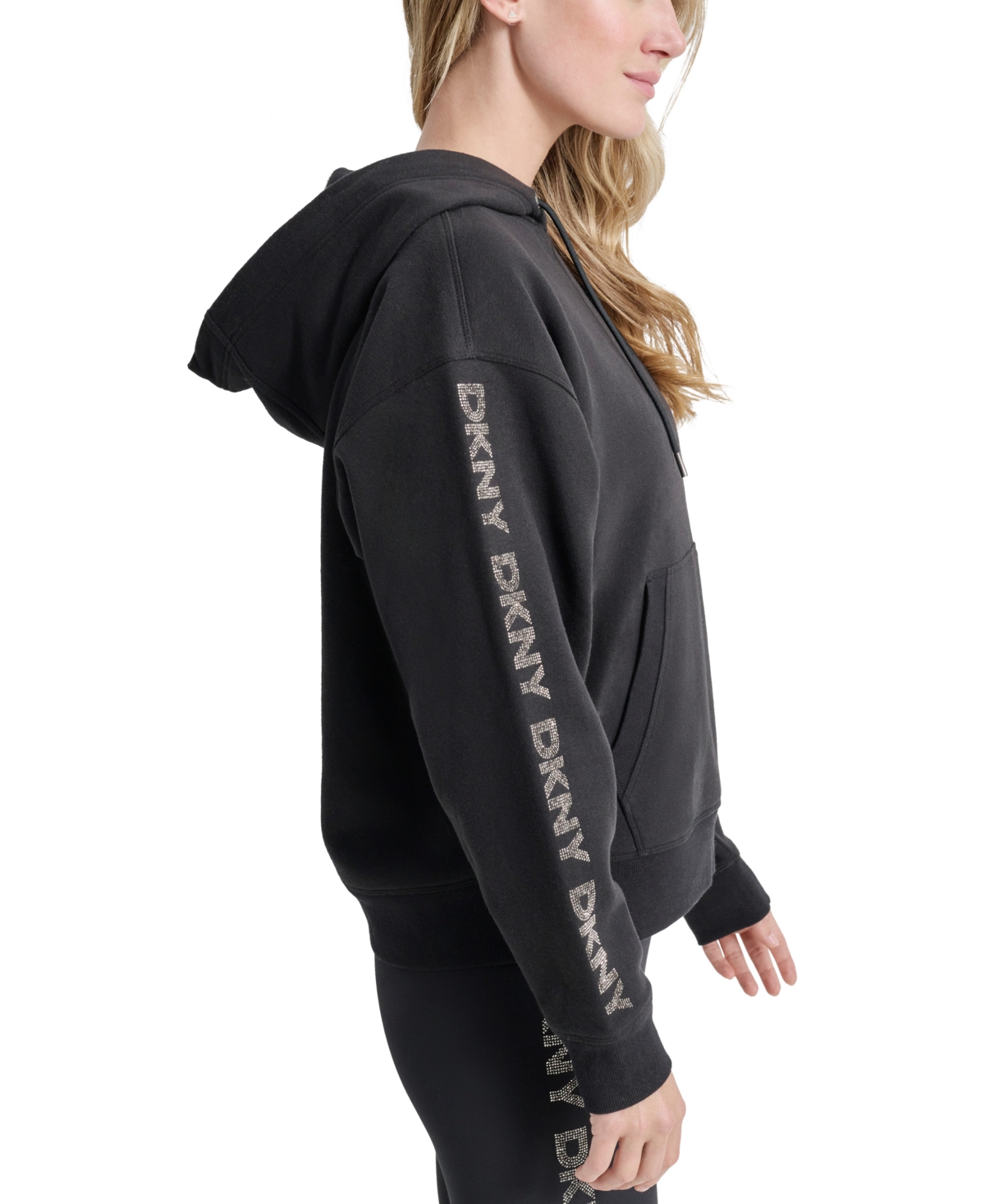 Dkny Sport Women's Rhinestone Logo Fleece Hoodie In Black,gunmetal