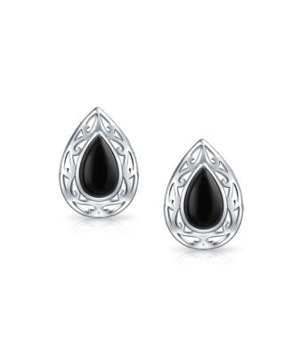 Bali Style Dyed Black Onyx Pear Shape Filigree Setting Teardrop Stud Earrings .925 Sterling Silver 15MM