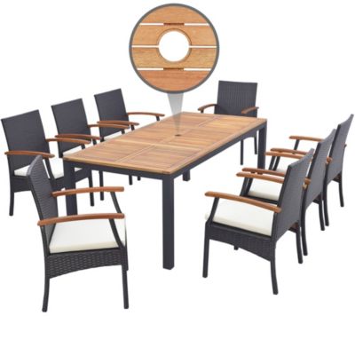 9 PCS Patio Rattan Dining Set with Acacia Wood Table, Cushions, 1.9" Umbrella Hole