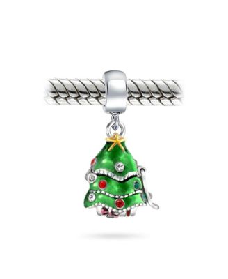 Green Christmas Tree Hidden Santa Claus Dangle Charm Bead .925 Sterling