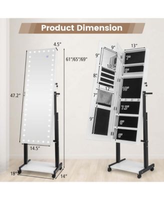 3-Color 46 LED Lights Mirror Jewelry Cabinet Armoire Adjustable Height with Wheels
