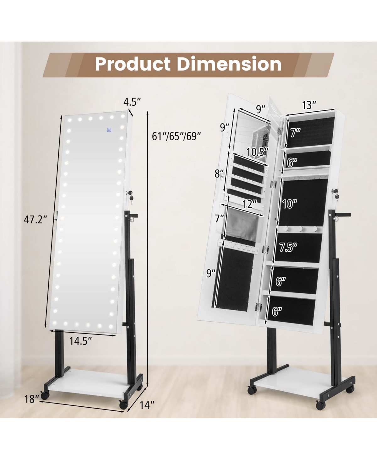 Costway 3-Color 46 Led Lights Mirror Jewelry Cabinet Armoire Adjustable Height with Wheels