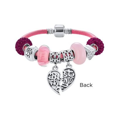 2 Piece Bead Best Friend Sorority Sister BFF Split Heart Multi Charm Bracelet Pink Leather .925 Sterling Silver Barrel Clasp