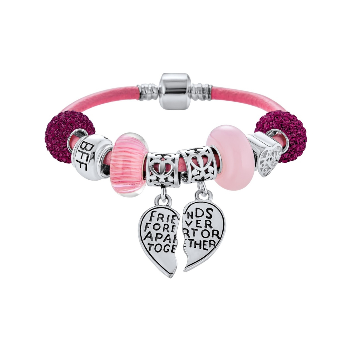 Bling Jewelry 2 Piece Bead Best Friend Sorority Sister Bff Split Heart Theme Multi Charm Bracelet Pink Leather For Women .925 Sterling Silver European