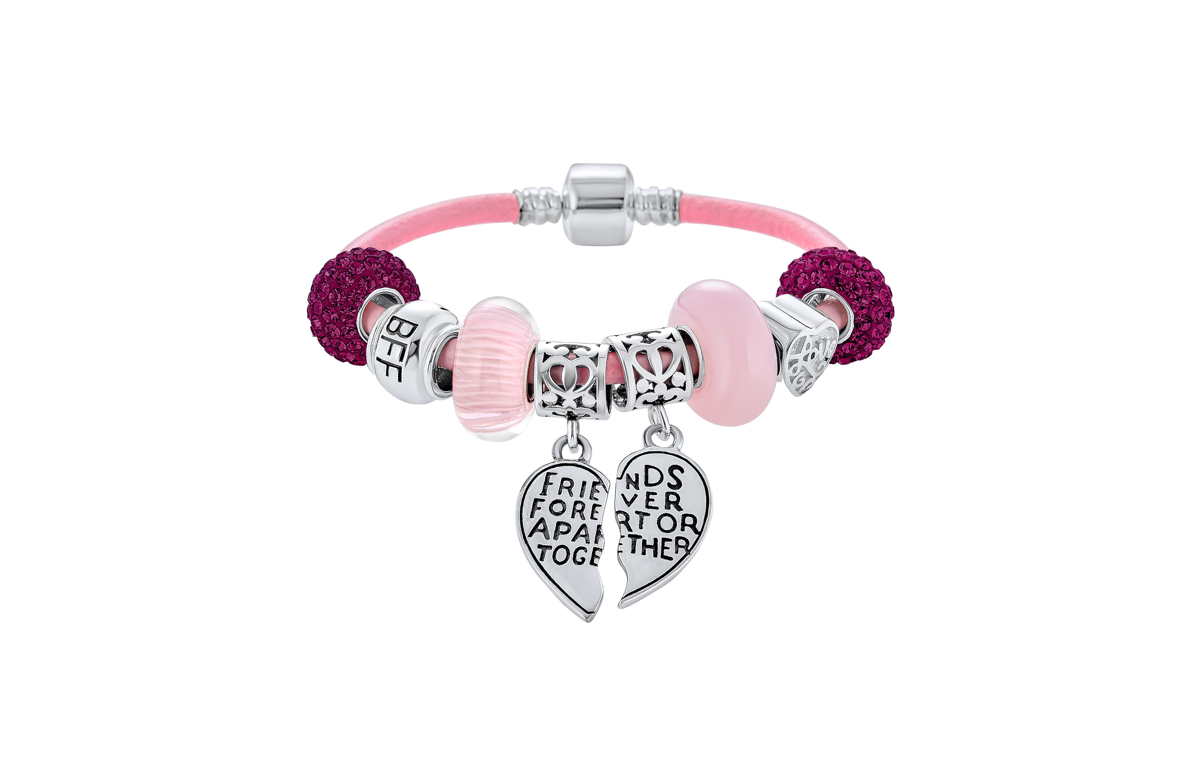 Bling Jewelry 2 Piece Bead Best Friend Sorority Sister Bff Split Heart Theme Multi Charm Bracelet Pink Leather For Women .925 Sterling Silver European