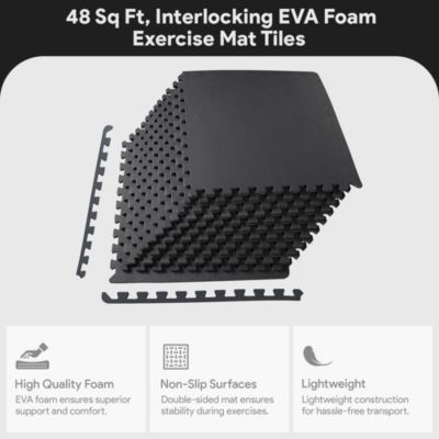 48 Sq Ft Interlocking EVA Foam Exercise Mat Tiles, Black