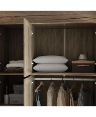 Brown Rattan Doors Wardrobe with 3-Drawers,Hanging Rod,Top Cabinet