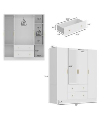 White 4-Door Armoires with Mirror, 2 Hanging Rods, 2-Drawers