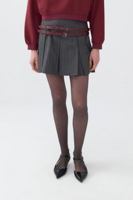 Women's Double Belted Pleated Mini Skirt