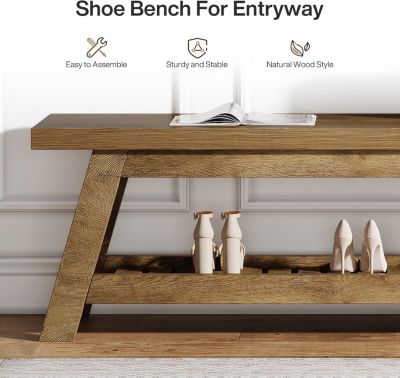 55" Wood Entryway Bench with Shoe Storage, Large 2-Tier Narrow Hallway Foyer Seating Bench
