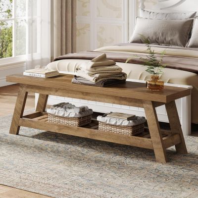 55" Wood Entryway Bench with Shoe Storage, Large 2-Tier Narrow Hallway Foyer Seating Bench