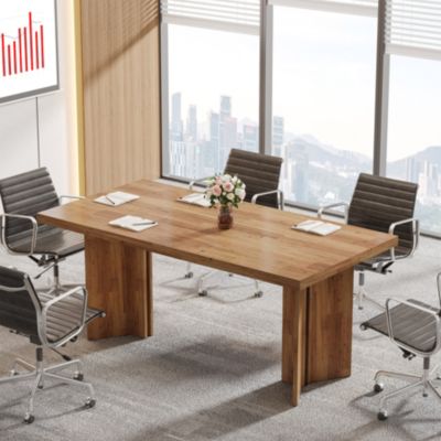 5.5FT Conference Table, 63-inch Rectangle Meeting Seminar Table, Large Wooden Business Tables for 4-6 People, Heavy Duty Pedestal