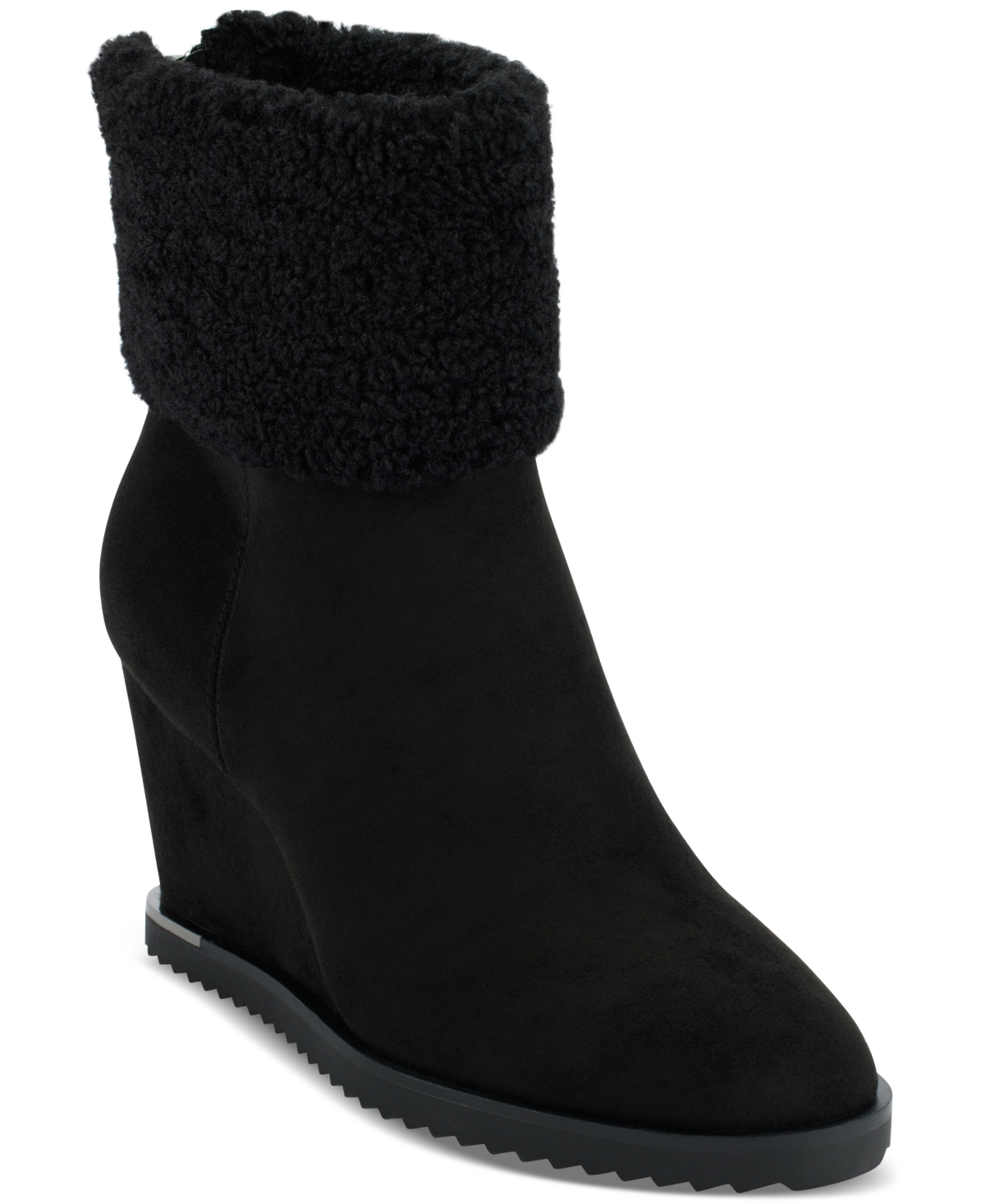 Dkny Powell Faux Shearling Wedge Bootie In Black Suede