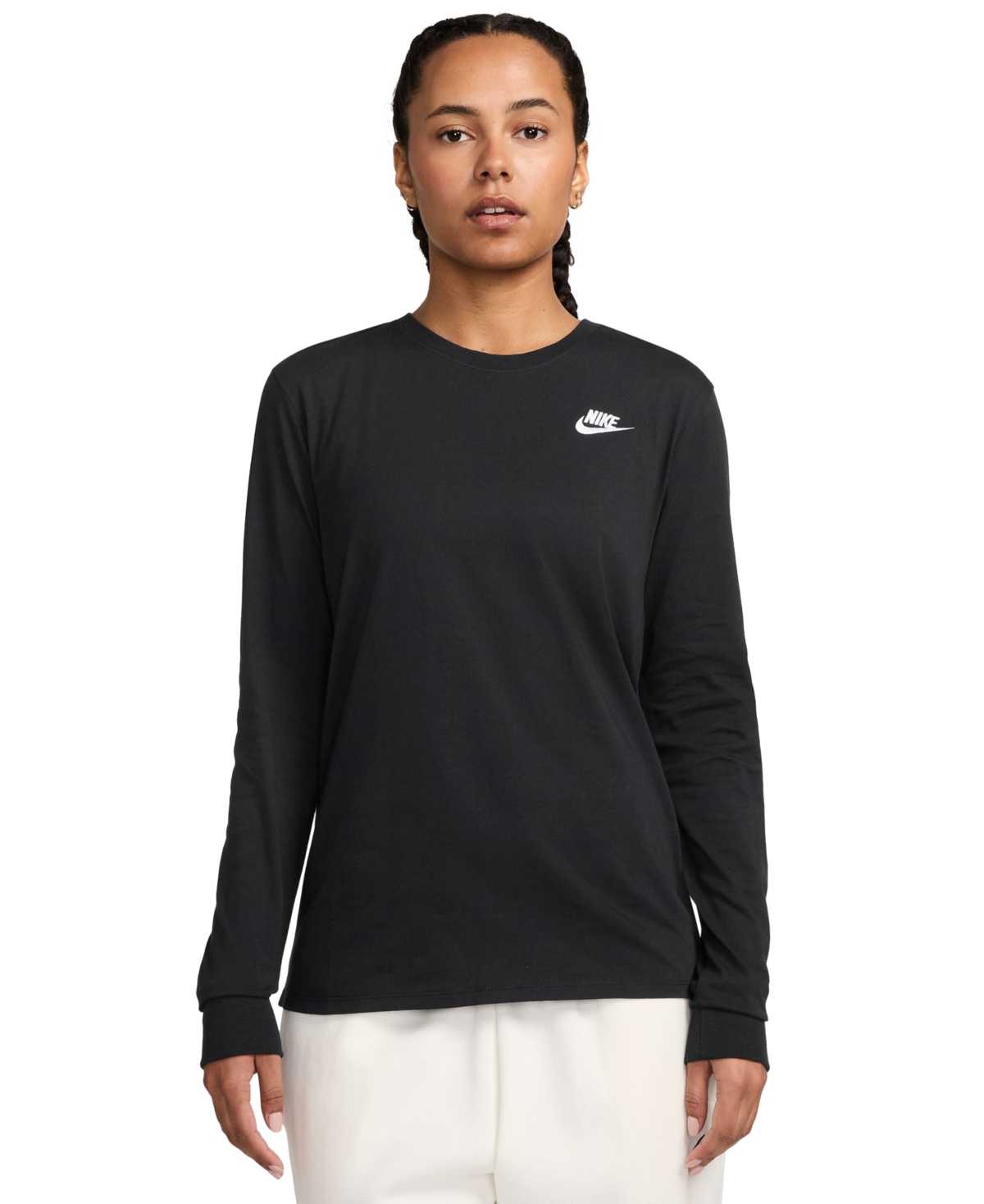 Nike Sportswear Club Women's Cotton Long-sleeve T-shirt In Black,whit