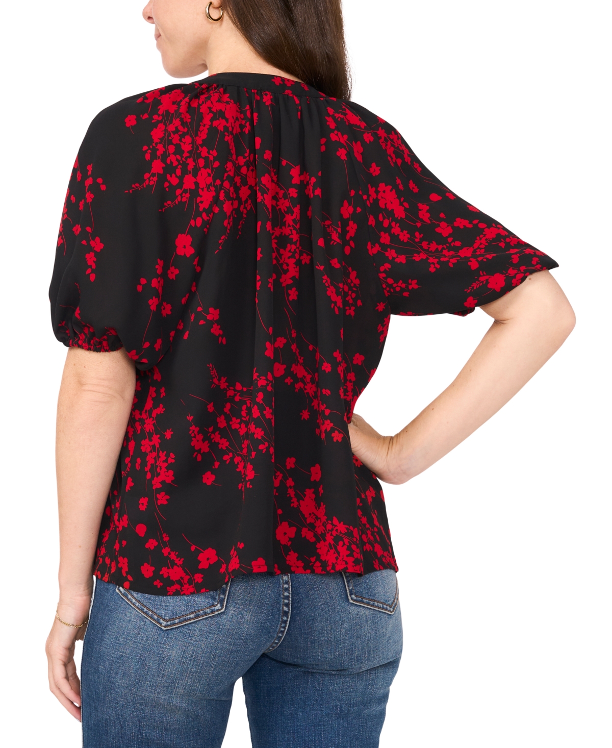 Sam & Jess Petite Puff-Sleeve V-Neck Blouse -Red