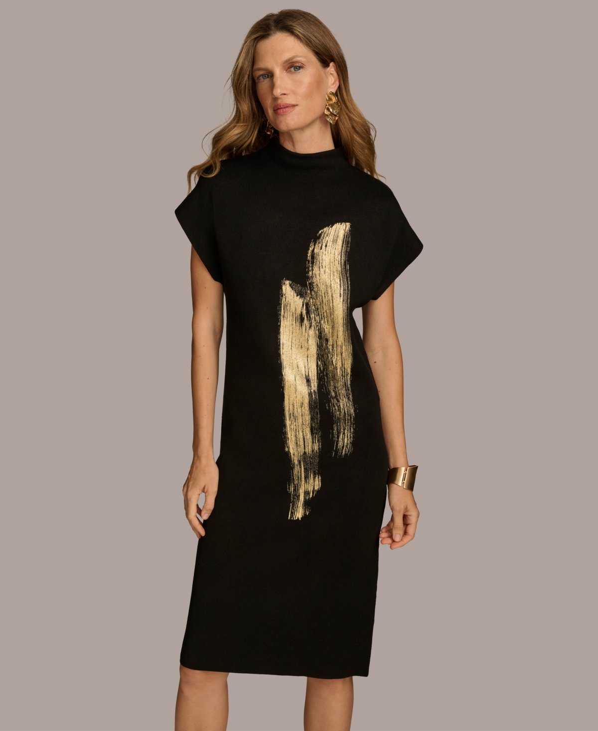Donna Karan New York Women's Short Sleeve Metallic Print Sweater Dress -Gold Multi