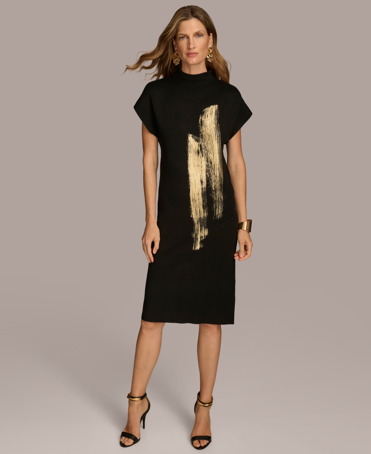 Donna Karan New York Women's Short Sleeve Metallic Print Sweater Dress -Gold Multi