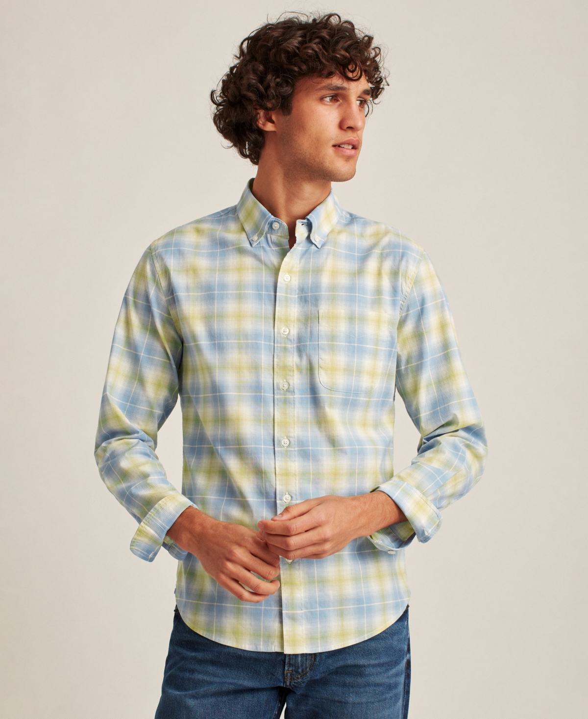 Men's Long Sleeve Button-Down Plaid Shirt - Yellow