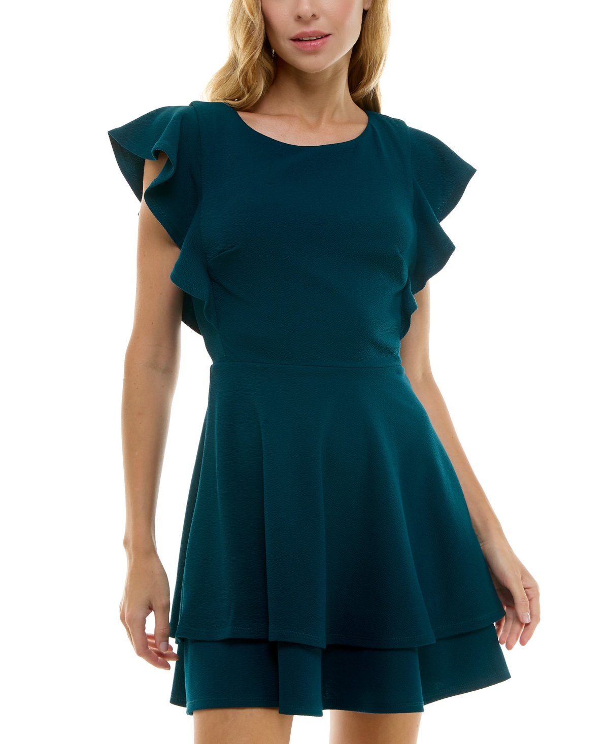 Juniors' Ruffle-Sleeve Fit & Flare Dress - Dark Teal