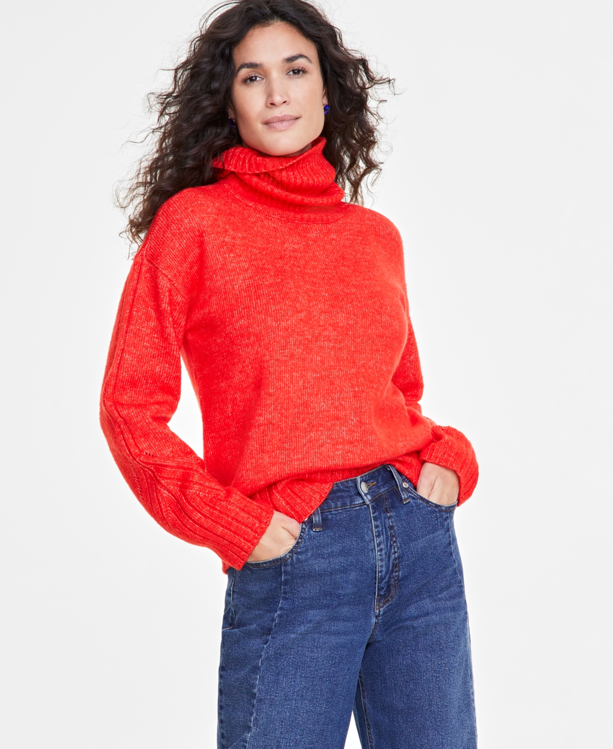 On 34th Women's Relaxed Ribbed-detail Turtleneck Sweater, Exclusively At Macy's In Fiery Red
