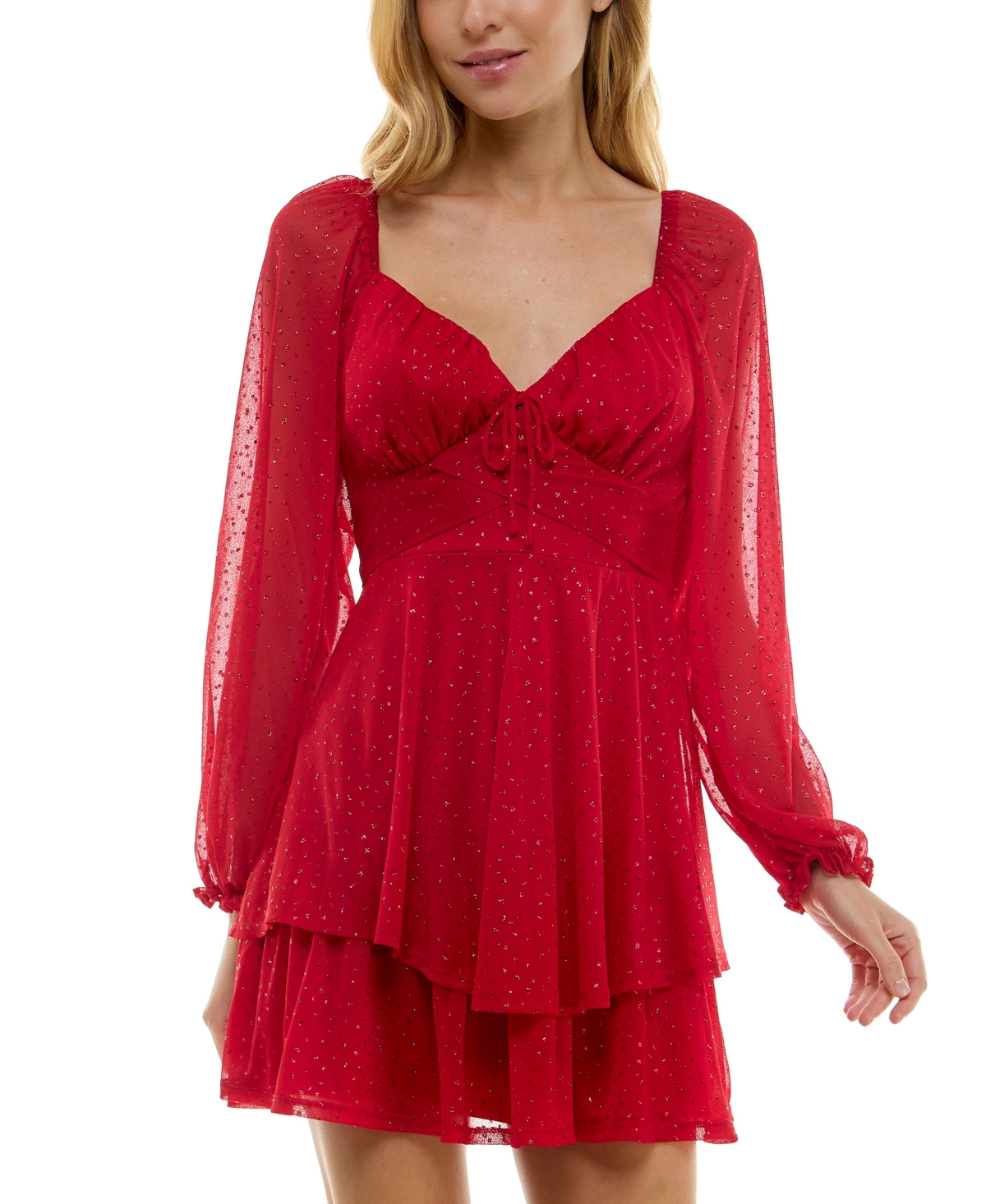 Crystal Dot Juniors' Glitter-Dot Bow-Trim Long-Sleeve Dress
