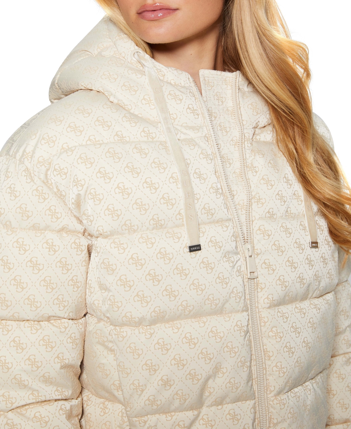 Guess Daisy Flock Logo Puffer Coat In Peony Logo Pearl