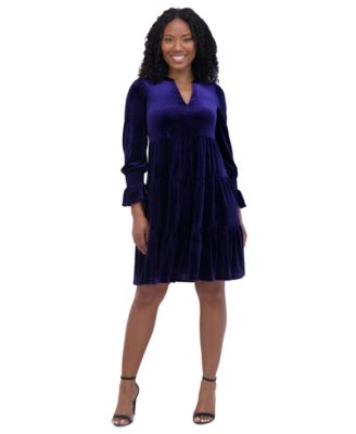 Jessica Howard - Women's Velvet Smocked-Sleeve Flounce-Hem Dress